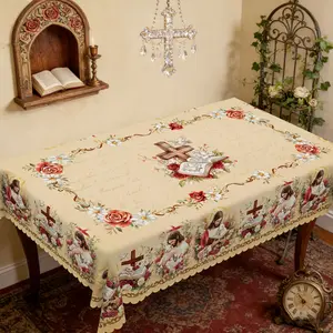 PLUMLIK Easter-Themed Tablecloth, Round / Rectangle Table Cover With Rose Daisy Cross, Polyester Waterproof Table Decor, Easter Decoration For Brunch, Farmhouse Kitchen, Family Dinner, Gift For Easter, Housewarming, Durable And Washable Tablecloth