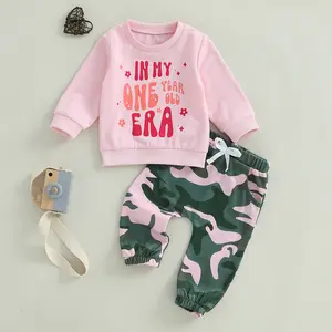 Baby Girl First Birthday Outfit, Long Sleeve Crew Neck Letters Print Sweatshirt with Rugby/Camouflage Sweatpants Infant Clothes
