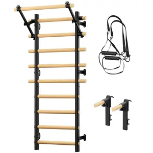 Swedish Ladder Wall Gym, Wooden Wall-Mounted Stall Bars with Pull-up Bar & Exercise Straps & Dip Bars, Stretching Ladder Full Body Home Gym for Adults