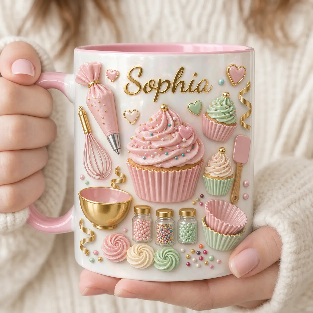 Personalized Cupcake Mug 2D Printed 3D Effect, Custom Name Ceramic Coffee Cup with Pink Cupcake Whisk Piping Bag Design, Gift for Baker Women