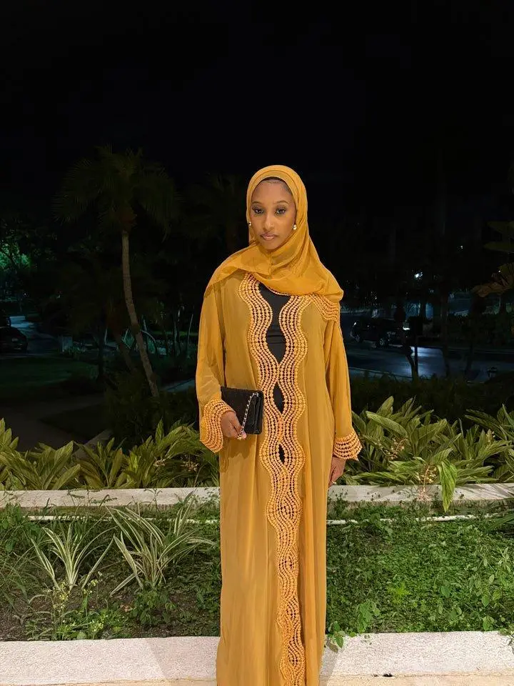 Sunflower Amara Abaya Set - Modest Floral Embroidery Flowing Silhouette Lightweight Fabric Hijab & Belt Included