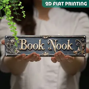 1PC 2D Flat, Vintage Rustic Farmhouse Design "BOOK NOOK" Metal Sign, Iron Decorative Wall Plaque, 39.88x9.91 cm, Pre-Drilled for Easy Hanging - Perfect for Home Decor, Home Office Decor, Kitchen, Farmhouse, and Gothic Wall Decor, Unique Gift