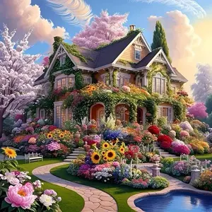 Villa Theme Pattern DIY Diamond Arts Colorful Painting Kit without Frame, DIY 5D Diamond Arts Colorful Painting Kit, Wall Art Decor for Home, Diamond Painting Kits, Diamond Pattern Design