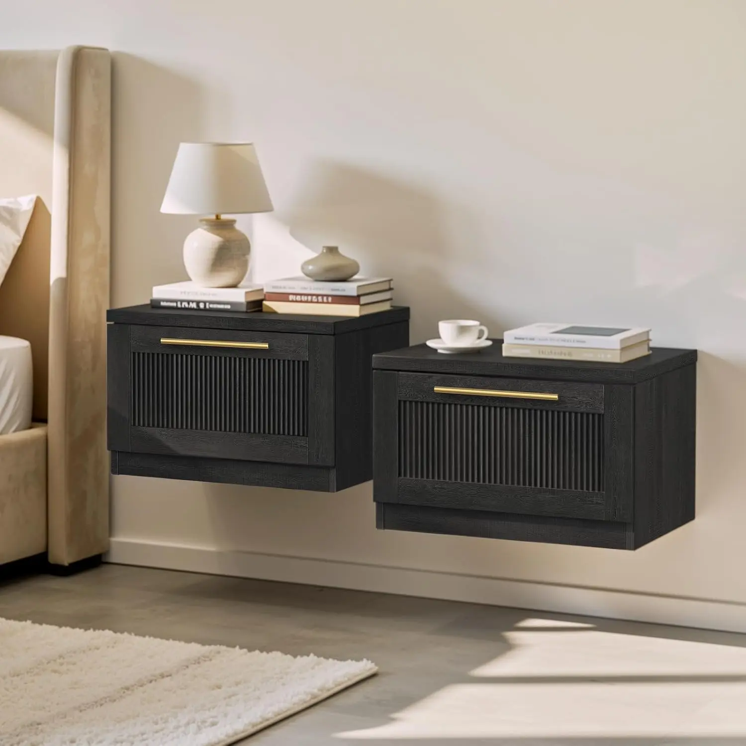 Harmblock Collection 2-Piece Floating Nightstands, Modular Black Woodgrain Bedside Tables with Soft-Close Single Drawer, Space-Saving Indoor End Tables for Living Room, Nightstand, Nightstand Sets Of 2, 27*21.7*10.2In