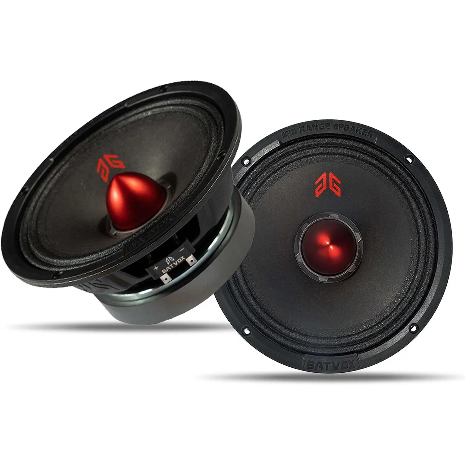 MX65E2 Midrange Loudspeaker 6.5" Red Bullet, 480W Max, 4 Ohms, Premium Quality Audio Door Speakers for Car or Truck Stereo Sound System, Black (2 Speaker)