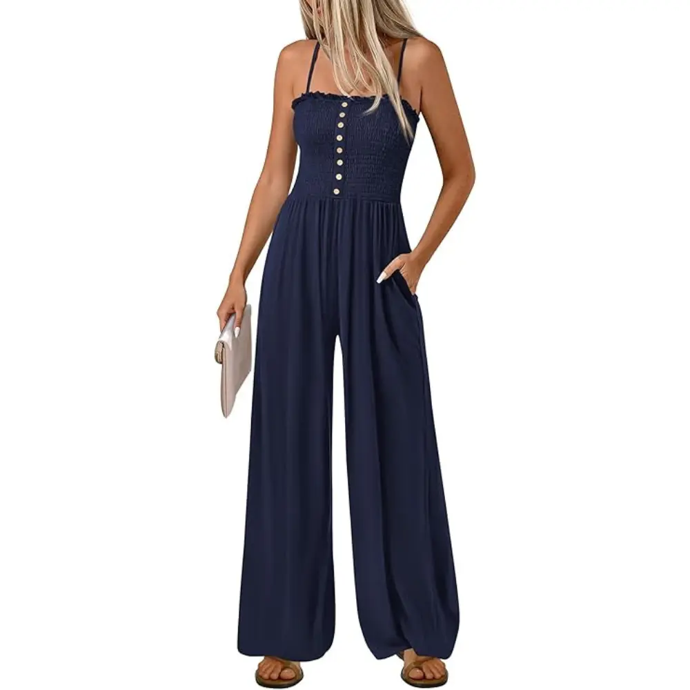 PrettyGarden Jumpsuits for Women Summer Sleeveless Smocked Button Wide Leg Rompers Spring Travel One Piece Outfits