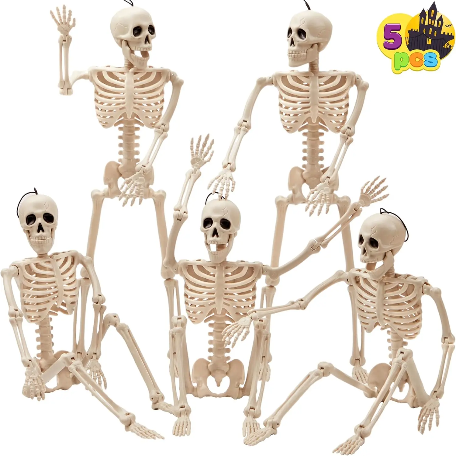 Halloween Horror 5-Piece 16-in Irregular Fully Posable Skeletons with Jointed Bodies, Adjustable Arms, Party Decoration Supplies for Graveyard Displays, Haunted House Decor