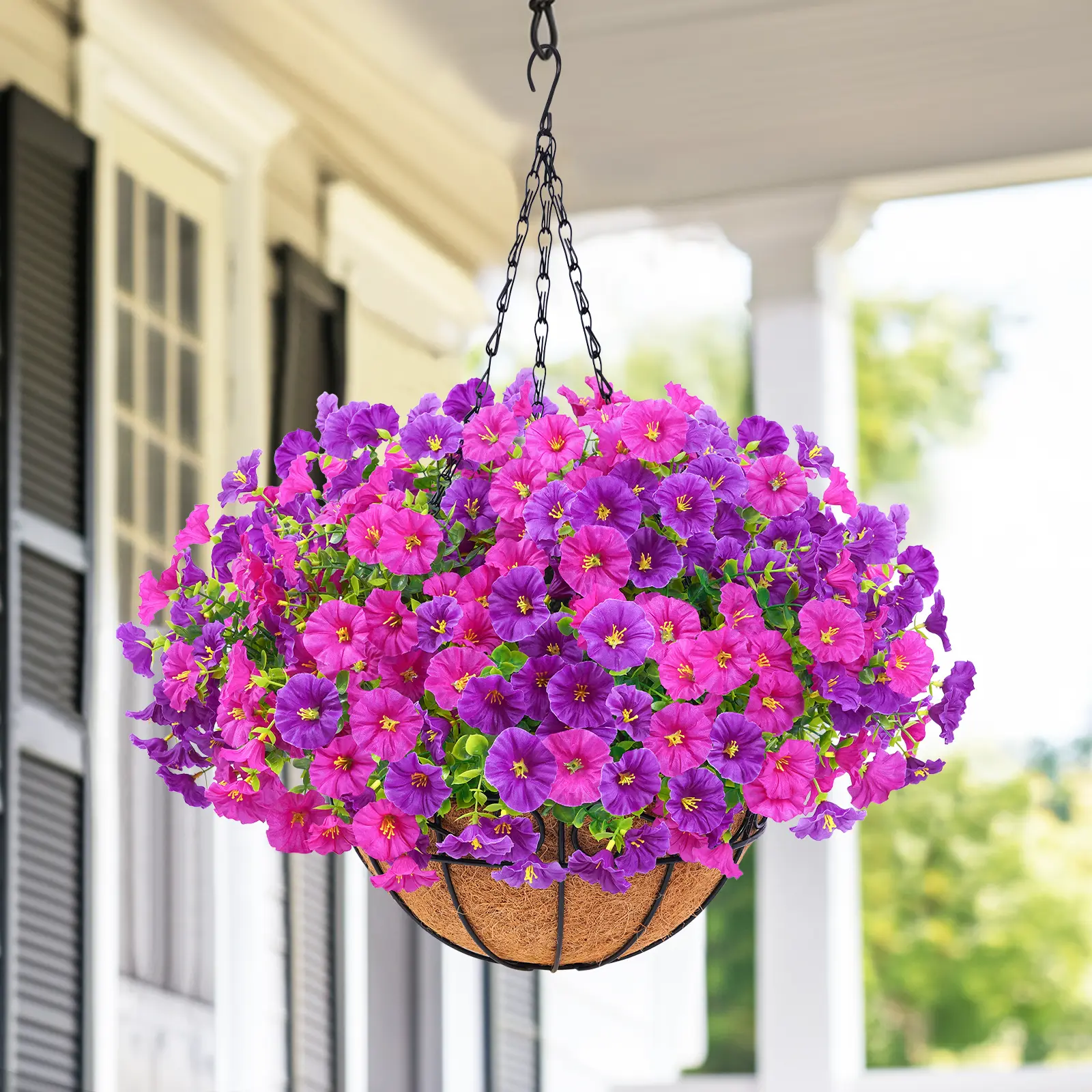 Artificial Hanging Flower Basket for Outdoors,UV Resistant Faux Flowers with Hanging Basket & Greenery,Outdoor Spring Decor for Yard,Patio, Porch,Balcony