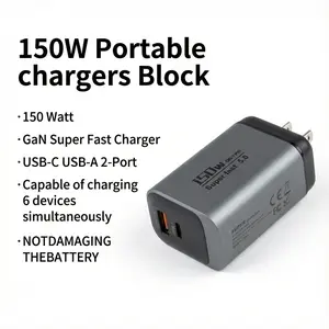 150W Portable Chargers Block 2-Port Multi-Device Fast Charger USB-C USB-A for MacBook iPhone 17 16 15 14 13 Pro Dell Samsung Galaxy iPad Pro