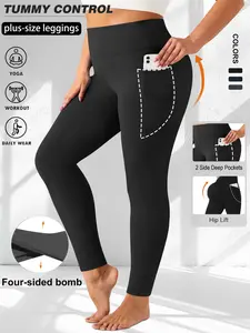 Women's Plus Size High Waist Tight Pants, Crescent Pocket Side, Elastic Waistband, Slim Fit, Workout Leggings, Suitable for Yoga, Sports, Outdoor Activities, Daily Wear, Side Pocket Leggings