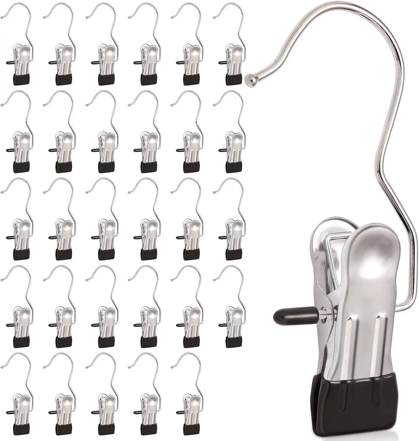 30-Pack Stainless Steel J-Hook Laundry Hooks Clips, Heavy-Duty Rubber-Coated Waterproof Hangers with 360° Rotatable Mount, Compact Lightweight Organizer for Garage, Bathroom, Kitchen