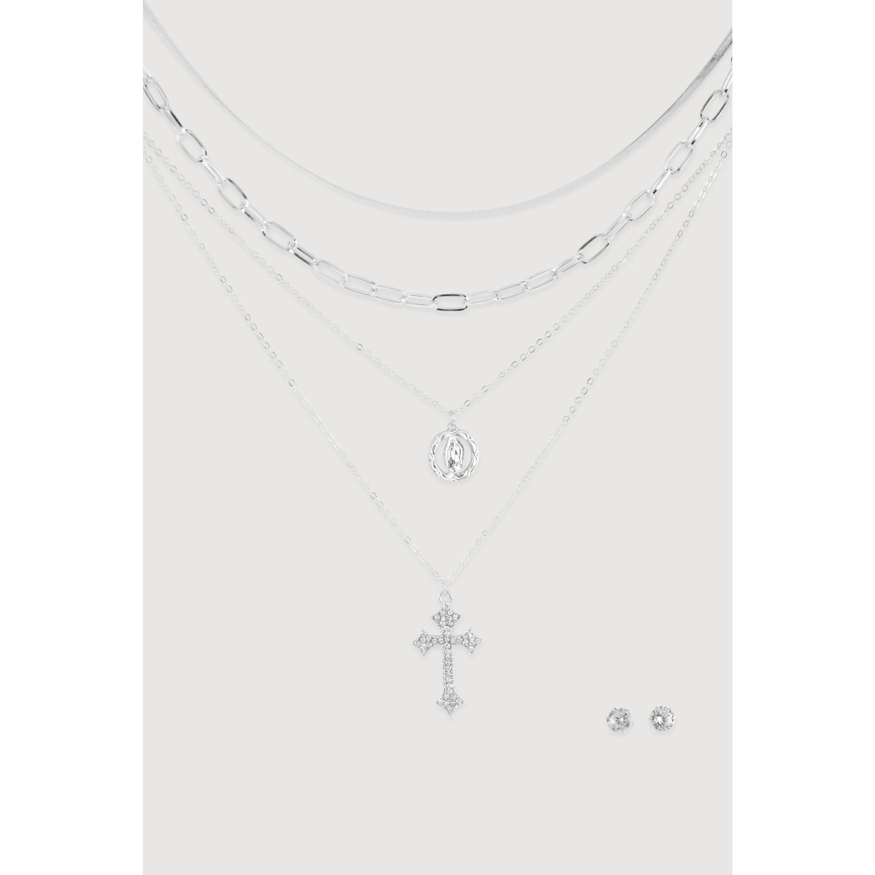 Cubic Zirconia Rosary Layered Chain Necklace and Stud Earrings