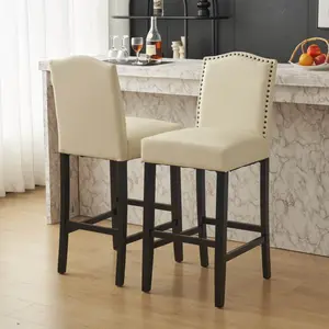 Christopher Knight Home ®   Barstools Set of 2, Counter Height Upholstered Bar Stools for Kitchen Island, Beige Rubberwood Legs PU Faux Leather Seating 300LBS Weight Capacity    RR