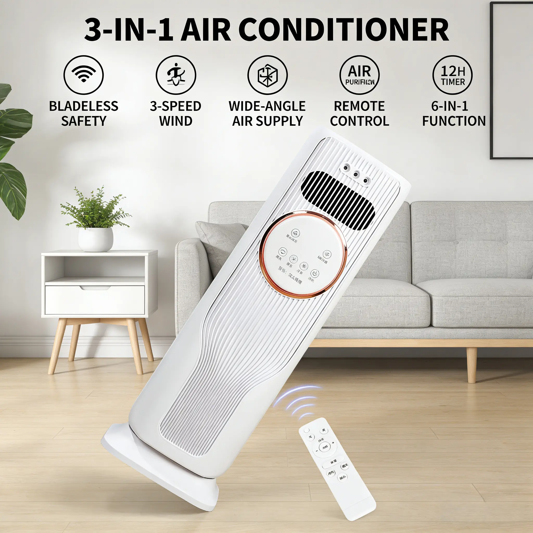 2-In-1 No-Blade Tower Fan Evaporative Air Cooler-Heater with Mist Cooling System, Cool/Heat Dual Function, 3 Fan Speeds, Ice Water Filling Design, Remote Control, Adjustable Modes, Indoor Air Circulation, Space-Saving Household Appliance, Stay Cool, Tower
