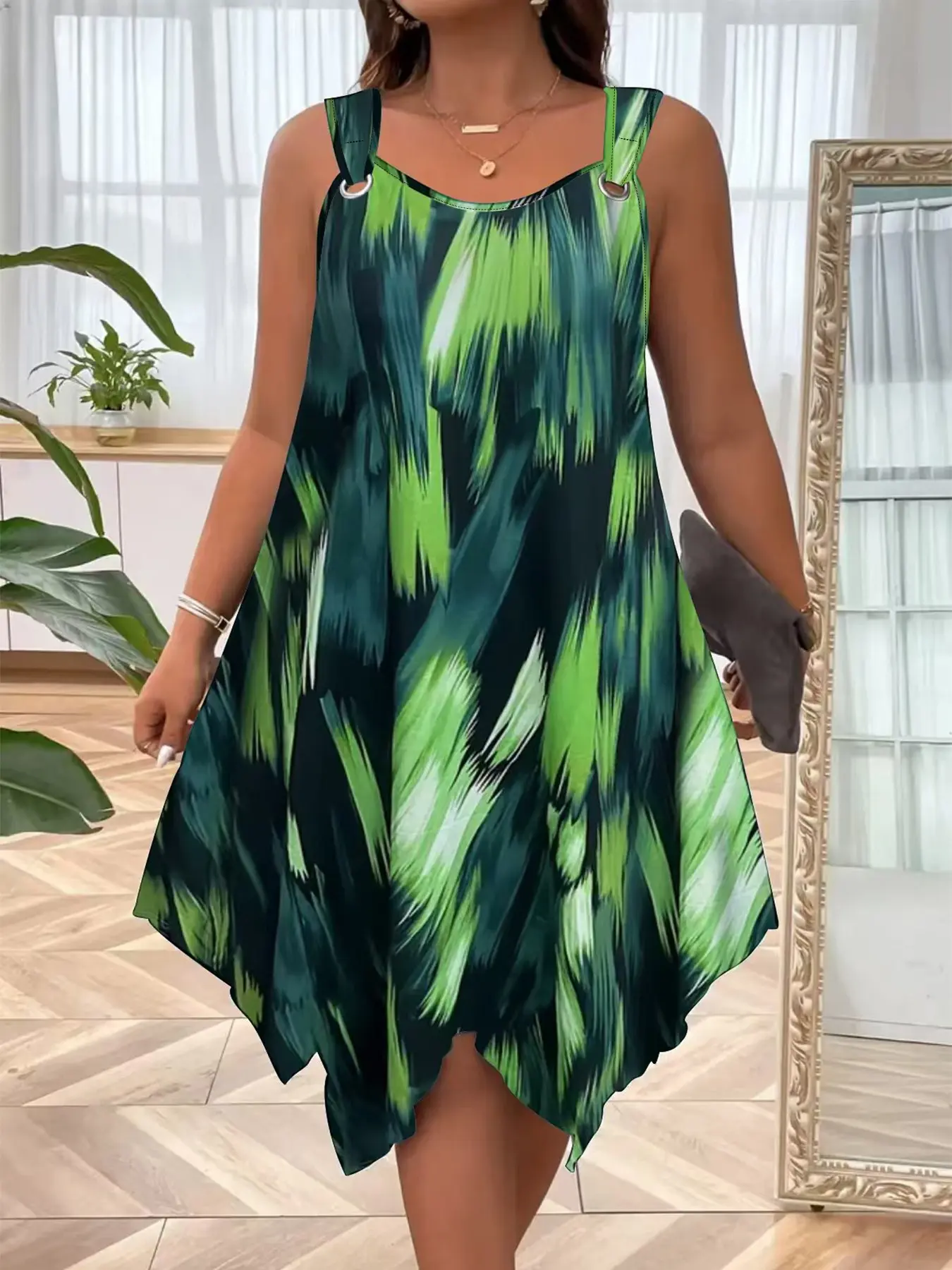 Women's Gradient Print Dress, Sleeveless Round Neck Strap, Asymmetrical Hem, Summer Casual, Perfect for Leisure Wear, Womenswear, Casual Elegant Dresses, Casual Dress Style