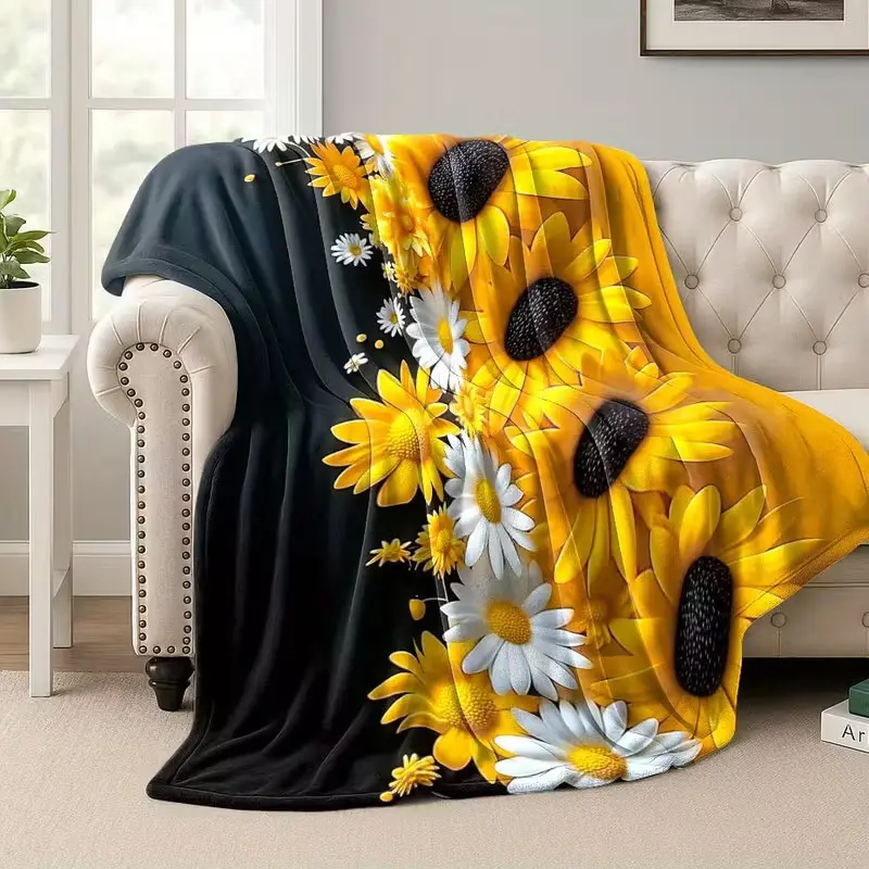 Flannel oversized sunflower floral pattern blanket, Flannel throw blankets, machine washable and non-fading, Floral Throw, soft and warm for all seasons suitable for living rooms, bedrooms, pet-safe large-area cover, ideal as bed blanket