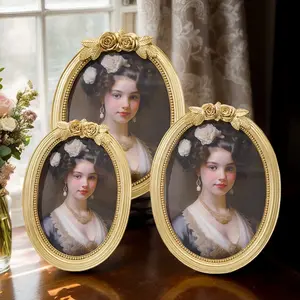 1pc Resin Oval Rose Frame Photo Display Picture Frame, European Style Classical Pattern Decorative Frame, Home Desktop Decoration, Vintage Oval Frame