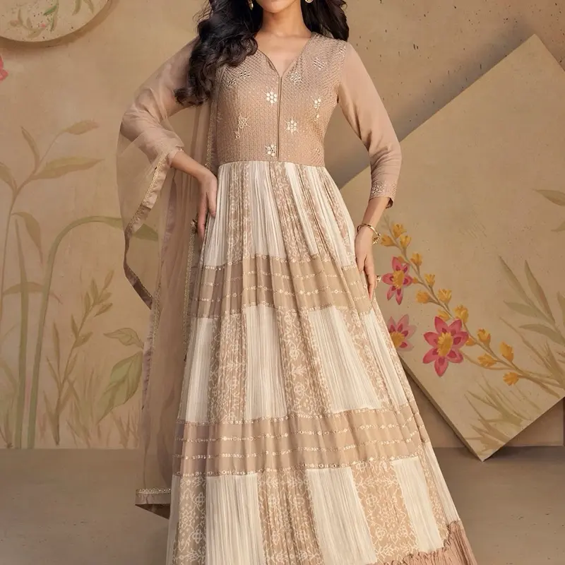 Elegant Beige Georgette Embroidered Anarkali size 42  Kameez with Matching Dupatta for Women