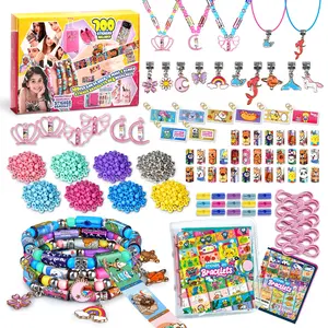 Children Reusable Sticker Bracelet DIY Set, 700 Pieces Roll Stickers + 16 Charm Pendants + Color Beads + Collection Book, Handmade Jewelry Gift Box