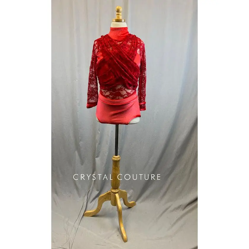 *Brand New* Custom Red Lace Leotard with Metallic Velvet and Detachable Hood