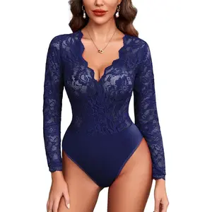 Lace Bodysuit for Women Sexy Long Sleeve V Neck Body Suits Going Out Tops Snap Crotch One Piece Teddy Lingerie
