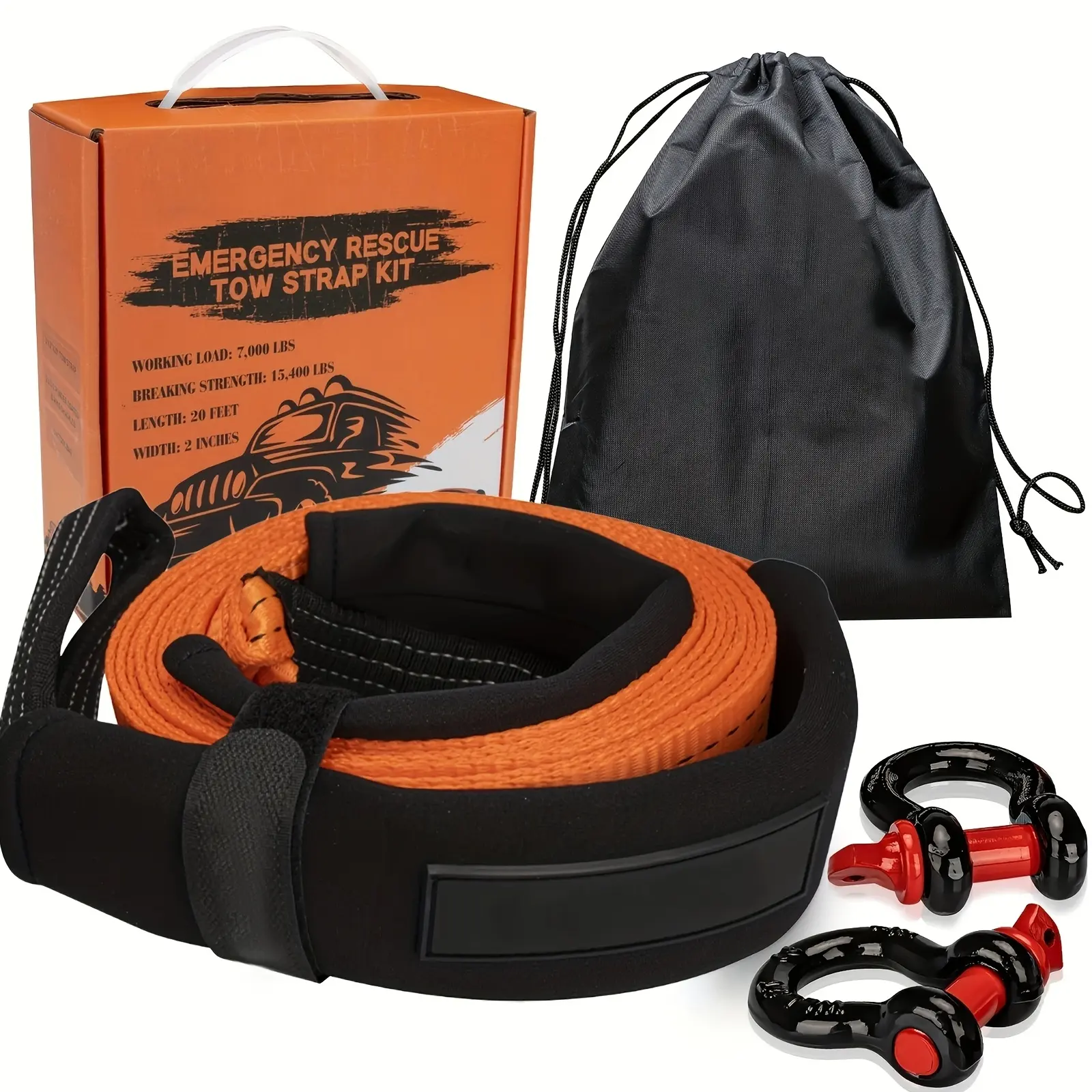 2-Inch x 20-Foot Emergency Towing Kit, Heavy Duty Tow Rope Strap with 1/2-Inch D-Ring Shackles 2-Pack, Roadside Rescue & Off-Road Recovery Gear for Cars, Trucks, SUVs, Jeep, Snow, Mud & Ditch Pulling