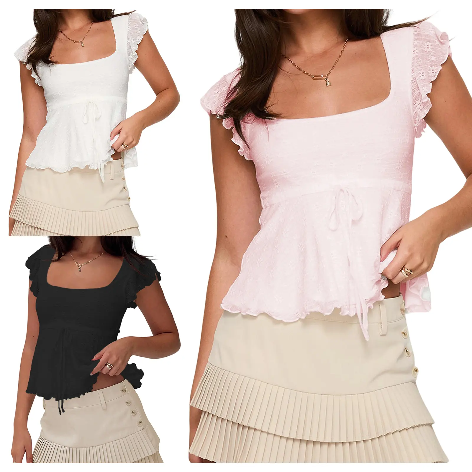 Women Square Neck Ruffle Cap Sleeve Textured Crop Tank Top, Ruched Drawstring Waist Peplum Babydoll Blouse, Hollow Eyelet Lace Scalloped Hem Slim Fit Summer Sleeveless Cami Shirt for Beach Brunch Date Night Daily Casual Street Outfit