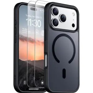 [2 Pack Screen Protector ]Magnetic Phone Cases for iPhone 17 Pro Max 16 15 14 13 12 Pro Max Plus Case, Magnetic Translucent Matte Case with 2PCS Tempered Glass Screen Protector Slim Phone Case for iPhone 17 Pro Max 6.9'', Black