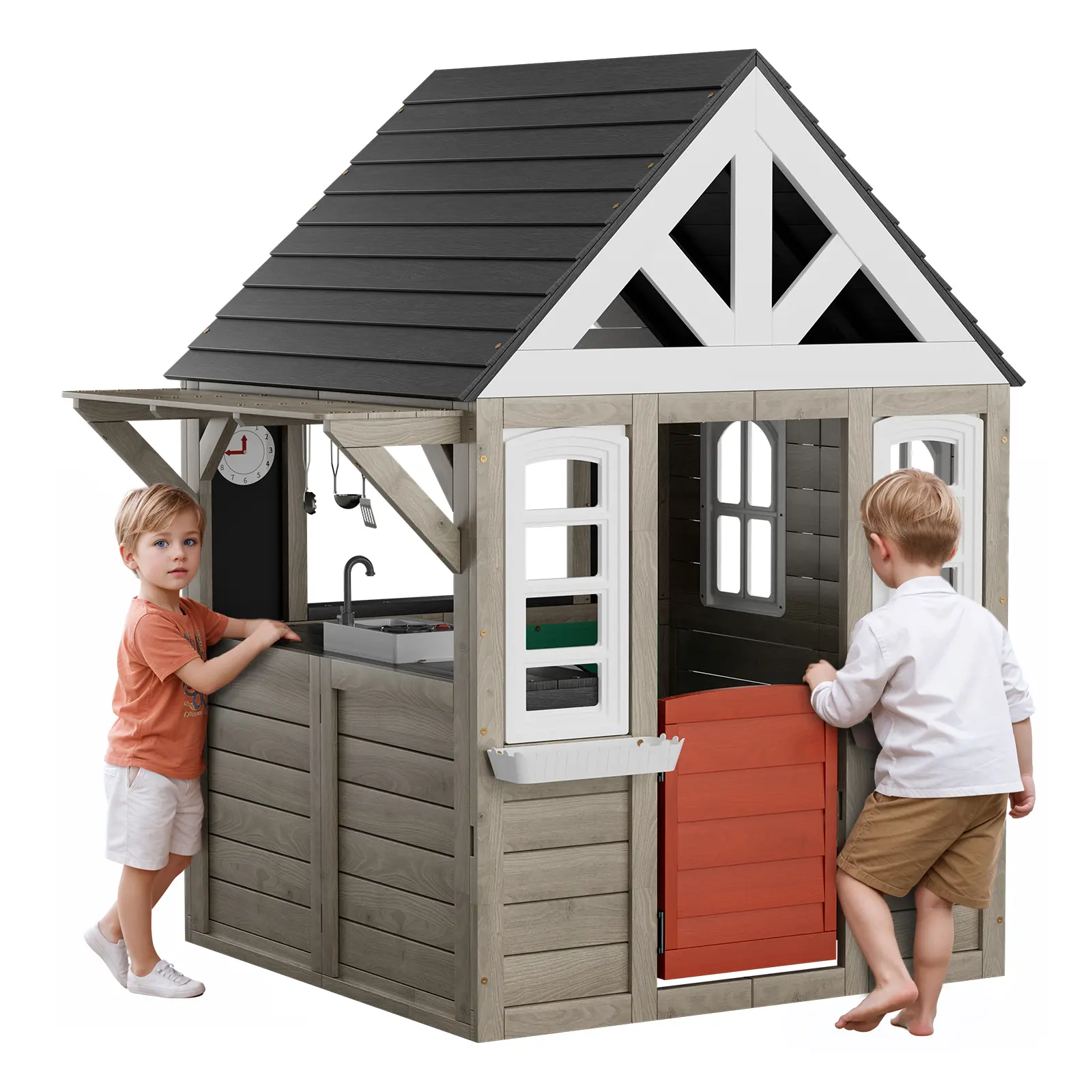 VEVOR Outdoor Wooden Playhouse,  Modern Cedar Playhouse for Age 2-10 Years Kids, Garden Games Cottage, Country Style Cedar Playhouse with Working Door, Window, Flower Pot Holder, Grill, Stove, and Sink