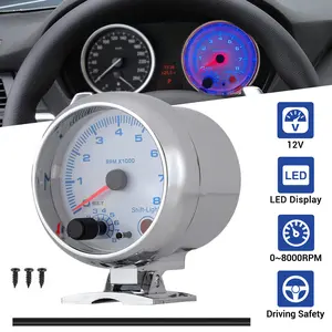 3.75" 12V Universal Car Tachometer Gauge 0-8000 RPM with LED Shift Light – White Face, for Gasoline Engines Only