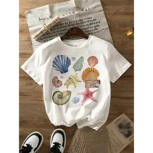 Seashell Starfish Ocean Graphic Tee Womens Summer Beach Shirt Cute Coastal Vacation Top Casual Short Sleeve Crewneck Soft Comfy Relaxed Fit