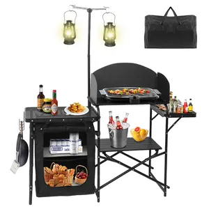 All-in-One Folding Camp Kitchen Station with Windshield, Light Stand & Storage – Portable Cooking Table with Carry Bag (Black)