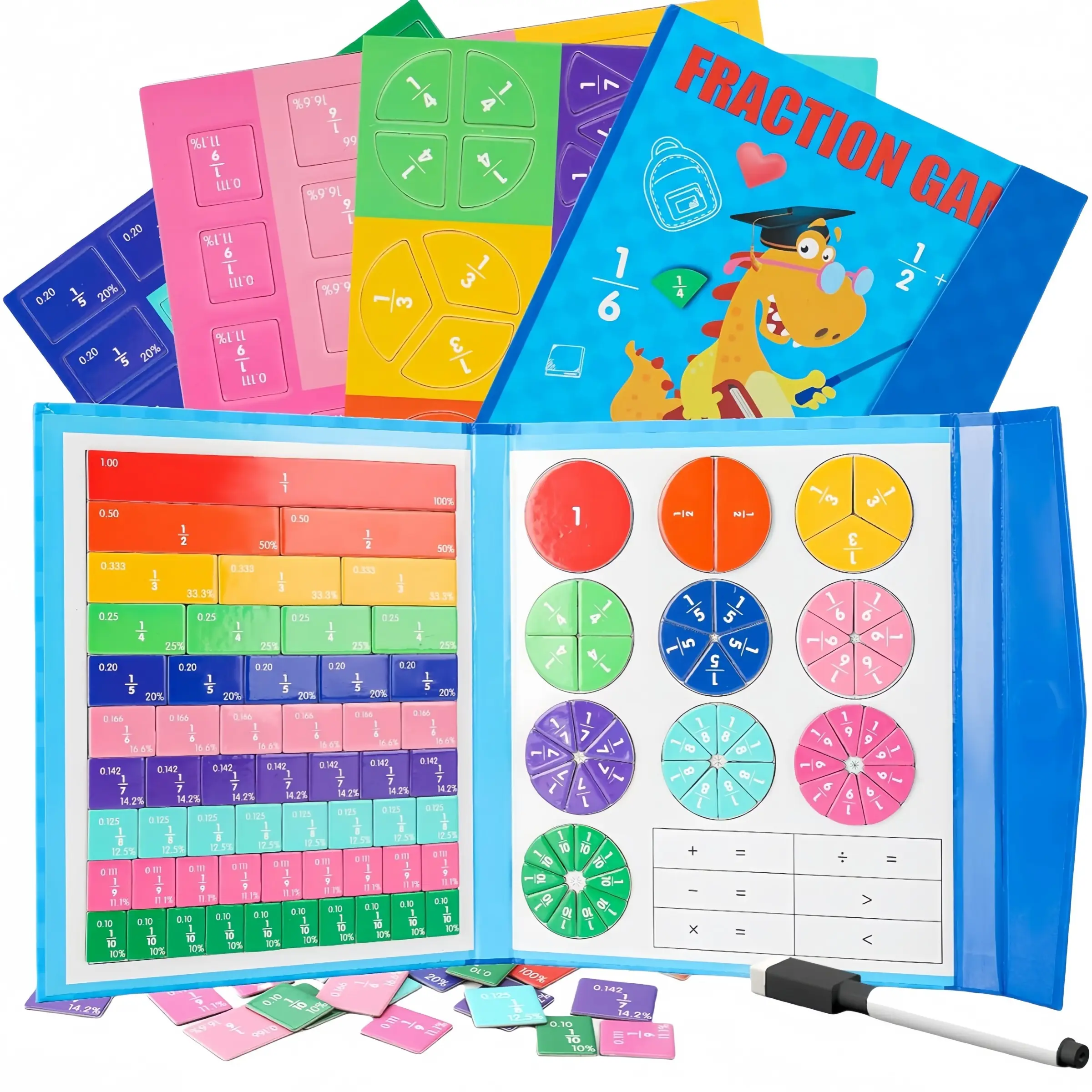 110 Piece Magnetic Fraction Tiles Set, Dinosaur Cover, Includes Pen, Montessori Division Board, Math Counting Board, Kindergarten Use, Table Math Games, Math Learning Tools