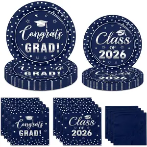 Navy Blue and Silver Graduation Paper Plates and Napkins Serve 50, Polka Dots Graduation Decorations Class of 2026 Congrats Grad Decorations for College High School Grad Party Supplies