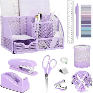 Purple Desk Accessories Set - 12pcs Mesh Desk Organizers, Tape Dispenser, Stapler, 24/6 Staples, Staple Remover, Pencil Holder, Scissors, Ruler, Sticky Tabs, 4-Grid Clip Set