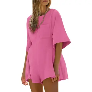 Imily Bela Rompers for Women Spring Outfits Summer Casual Short Sleeve Crew Neck Loose Jumpsuits with Pocket
