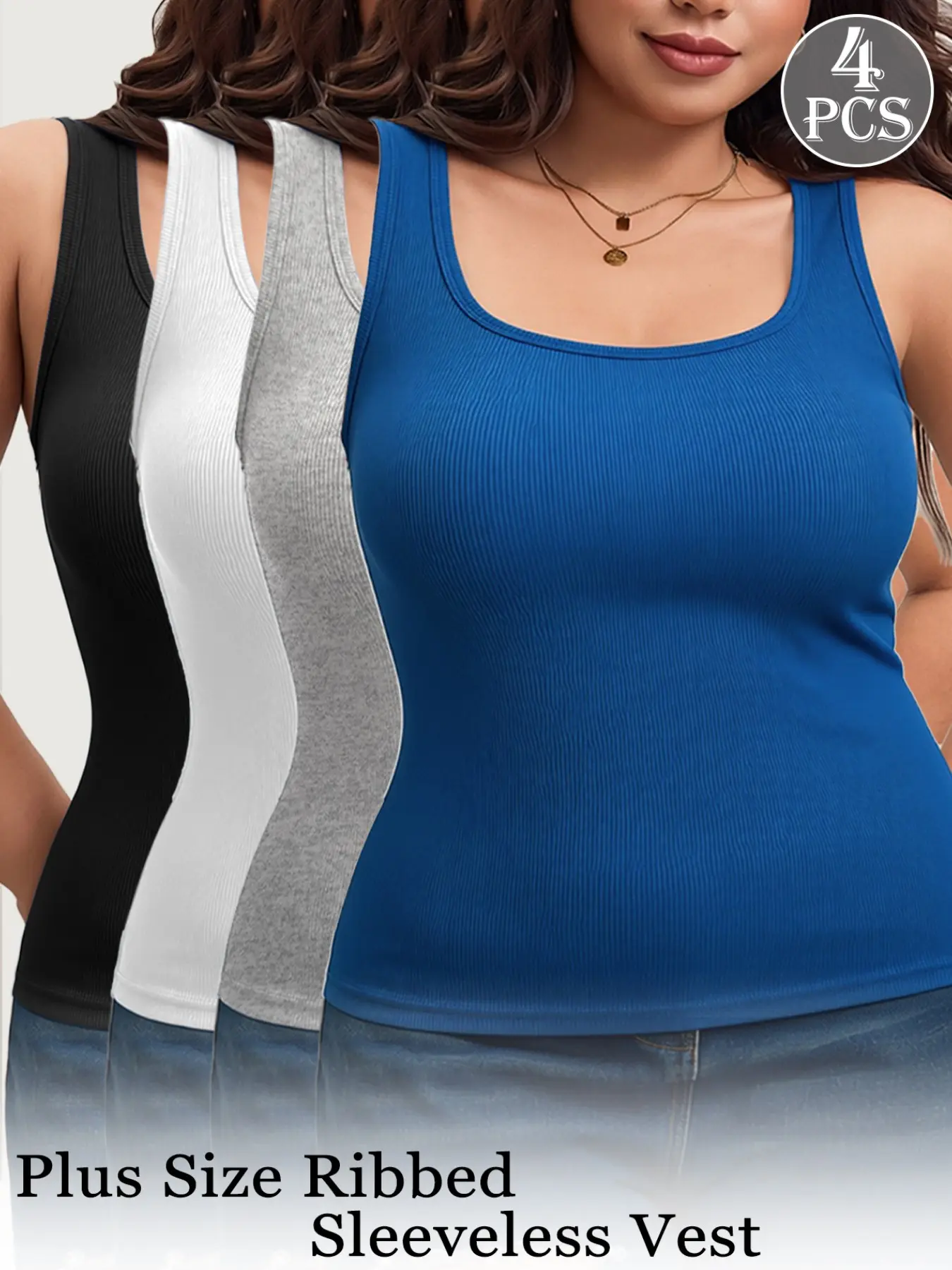 4-Piece Spring/Autumn New Style Beautiful Back Ribbed Fitted Sleeveless Design Vest Tops for Women, Fitted Tank Top, Slim Fit, Solid Color, Basic, Inner Layer/Outer Layer Base Vest, Womenswear