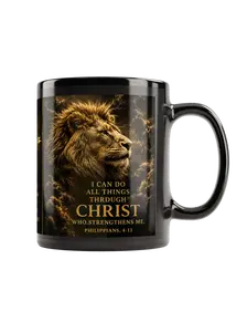 Faith Over Fear Black Glossy Mug | Christian Bible Verse Coffee Cup | Premium Ceramic Mug | Psalm 46:10 & Philippians 4:13