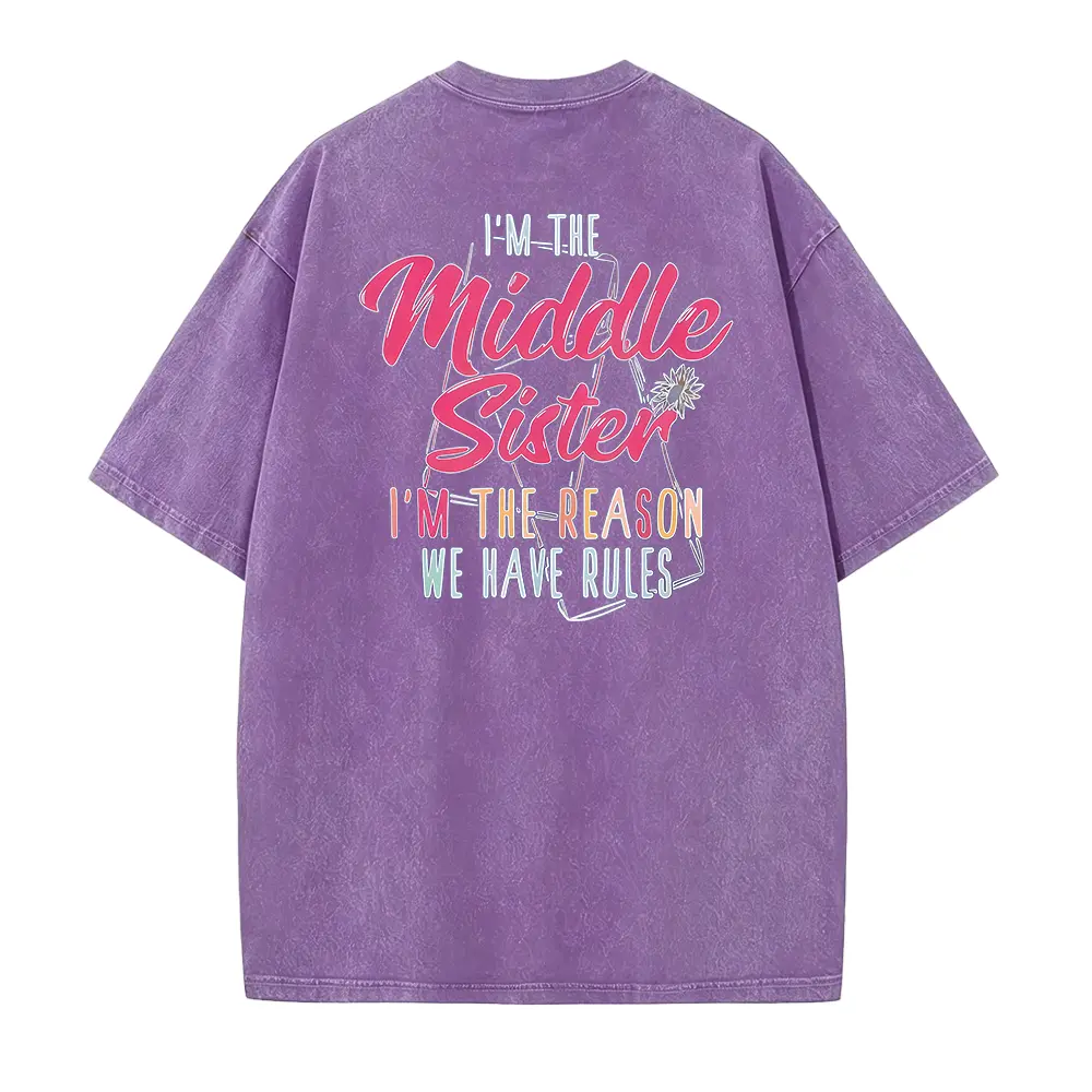 Ladies European-American Summer Crew Neck Short-sleeve T-shirt, Lightweight Breathable Pink Script 'Middle Sister' Text-print Relaxed-fit T-shirt in Casual Street Style with Side Knot and Rolled-sleeve Detail, Breathable Summer Tee for Women Ideal As