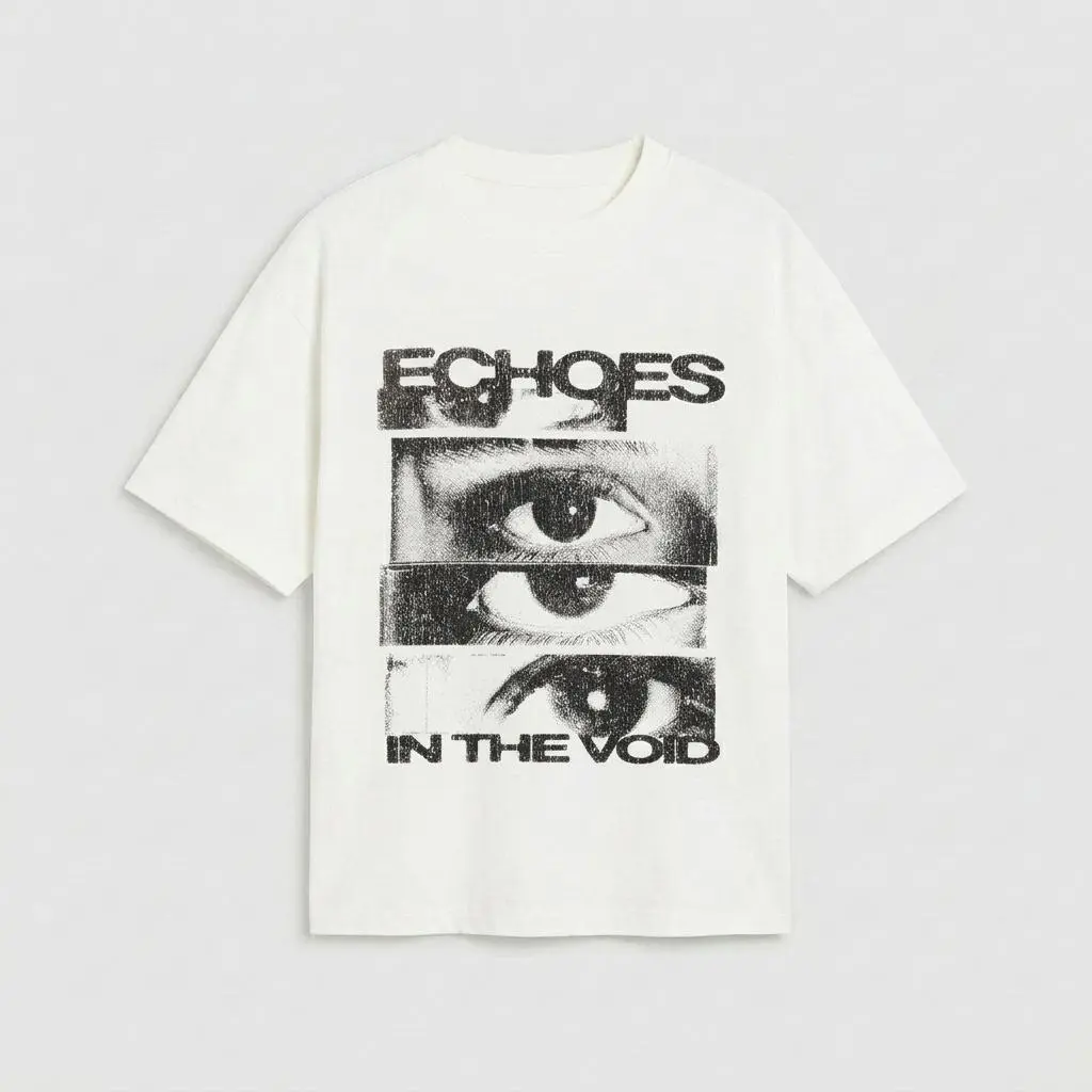 Men's White Oversized Baggy Graphic T-Shirt - Artistic Eye Print, Retro Glitch Art, Short-Sleeve Casual Top