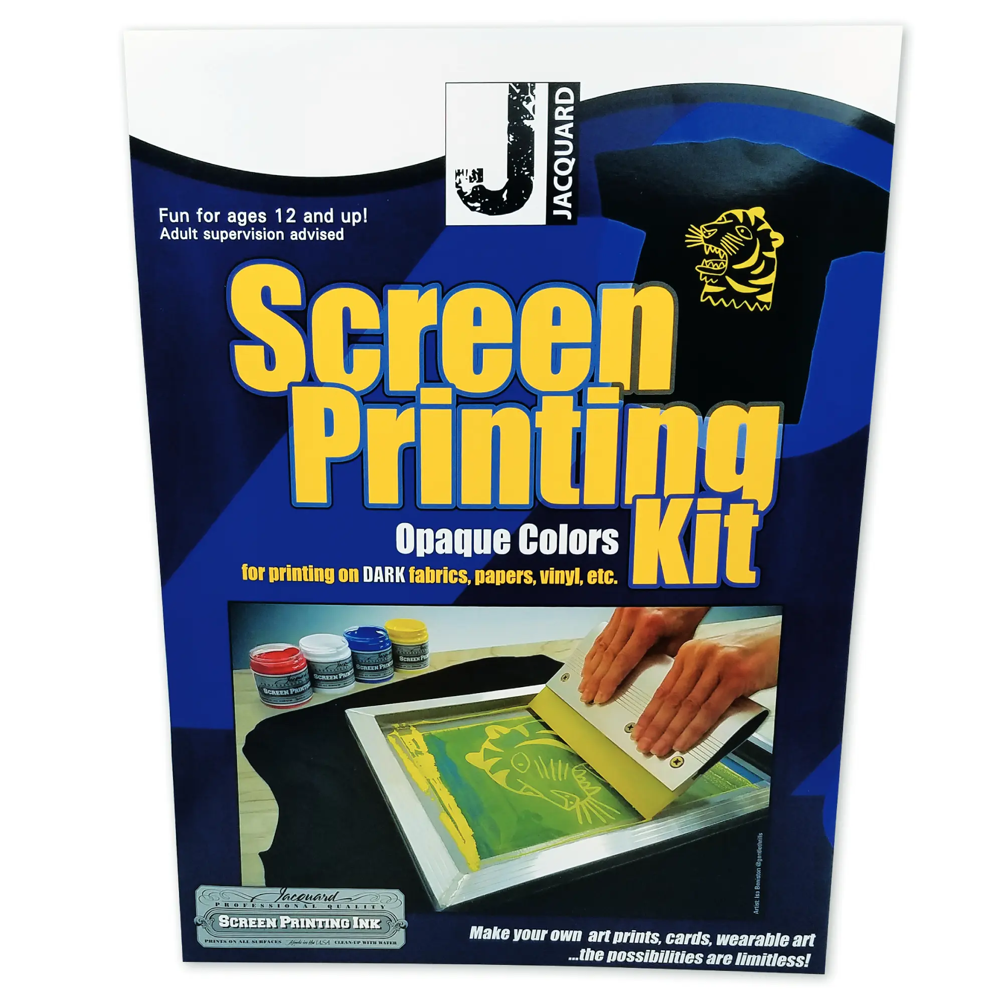 Jacquard Screen Printing Art Kit - 4 Opaque Ink Colors, Silk Mesh - DIY Painting Supplies for Beginners, Ideal for Dark Prints