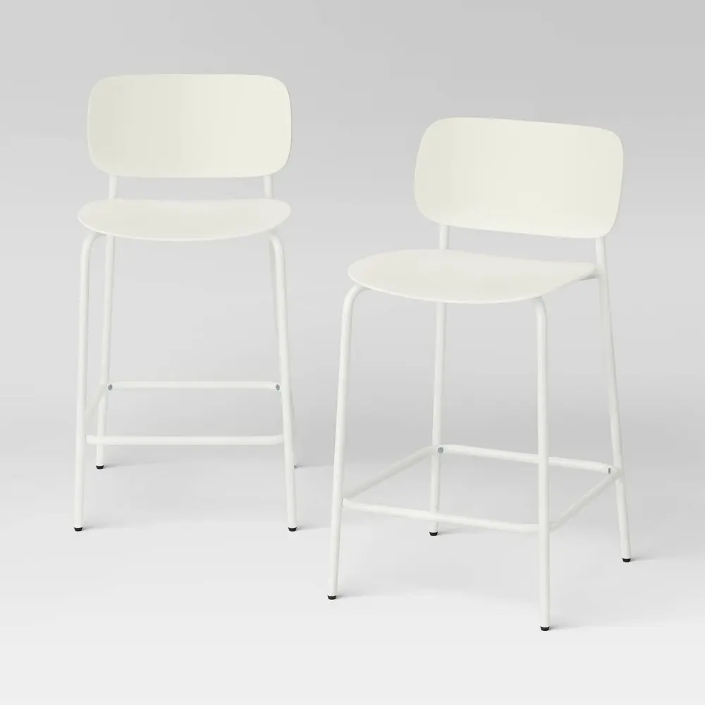 Room Essentials 2-Piece 24" Counter Height Barstools - Molded Plastic Seat and Back, Metal Base, White 2 Seat Home Bar Furniture