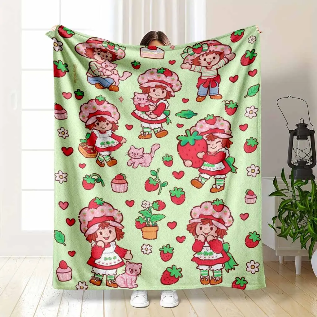 Vintage Plush Strawberry Cartoon Flannel Blanket - Cute Retro Girl & Berry Print, Ultra Soft Breathable Fabric Throw for Bed, Sofa, Decor (Cartoon Scene, Graphic Character, Fabric Soft Blankets), Cartoon Scene Blankets