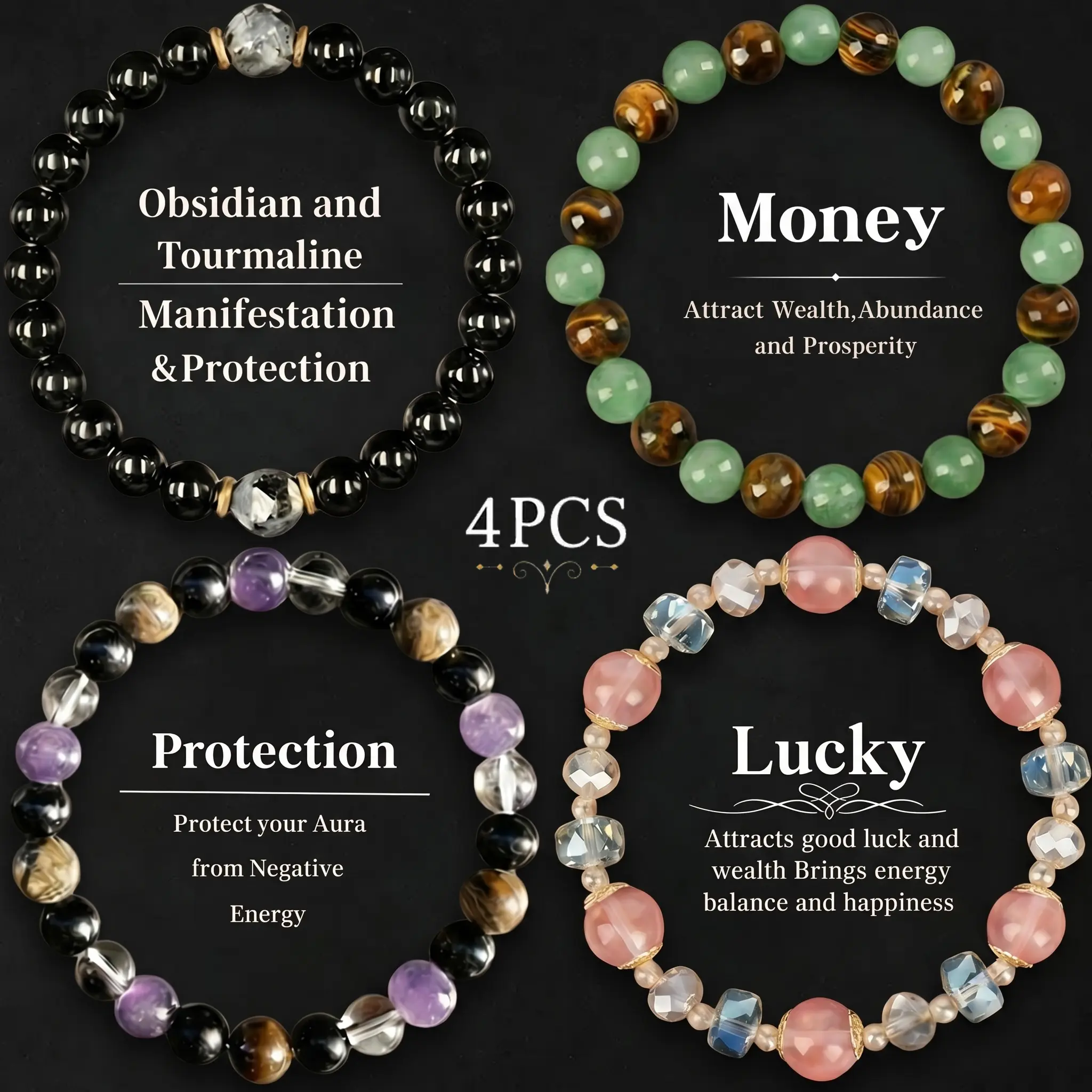 4 Pcs Exquisite Bohemian Beaded Bracelet - Tiger Eye, Obsidian, Jewelry for Banquet Party, Encouragement Gift for Her couple bracelet fashion artificial bracelet daily wear party elegant Colorblock Beaded Bracelets for Women and Men backtoschool