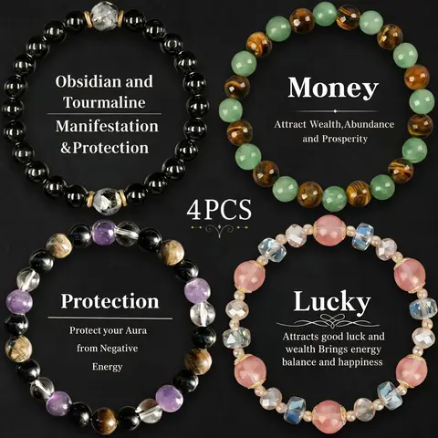 4 Pcs Exquisite Bohemian Beaded Bracelet - Tiger Eye, Obsidian, Jewelry for Banquet Party, Encouragement Gift for Her couple bracelet fashion artificial bracelet daily wear party elegant Colorblock Beaded Bracelets for Women and Men