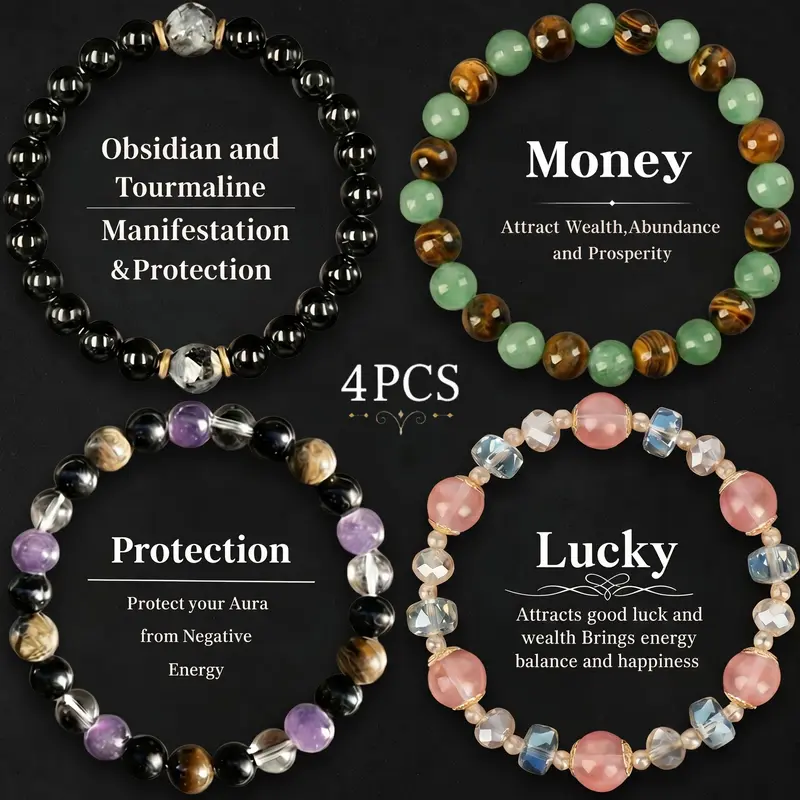 4 Pcs Exquisite Bohemian Beaded Bracelet - Tiger Eye, Obsidian, Jewelry for Banquet Party, Encouragement Gift for Her couple bracelet fashion artificial bracelet daily wear party elegant Colorblock Beaded Bracelets for Women and Men