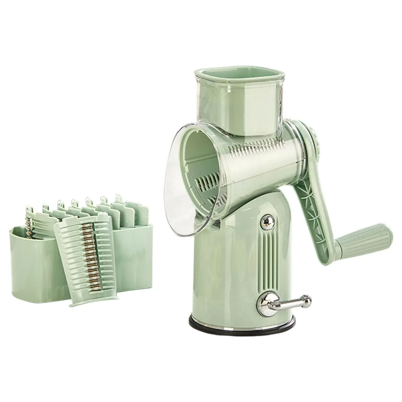 GOECI Rotary Cheese Grater with Handle, 5 Well-Designed Blades, Strong Suction Cup Base, Kitchen Utensils