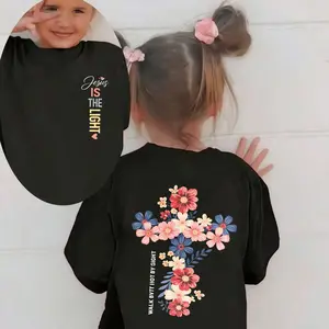 100% Cotton Front and Back Double Prin Girls Jesus Is the Light Letter and Floral Print Creative Versatile Crew Neck T-Shirt Girls Clothes,Floral Cross Print T Shirt For Women Casual Wear With Religious Design And Inspirational Text For Everyday Style