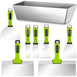 Drywall Tools, 8Pcs High Quality Stainless Steel Drywall Knife Set, Putty Knife with Mud Pan, Ergonomic Grip Tapping Knife with Hammer End for Drywall Work