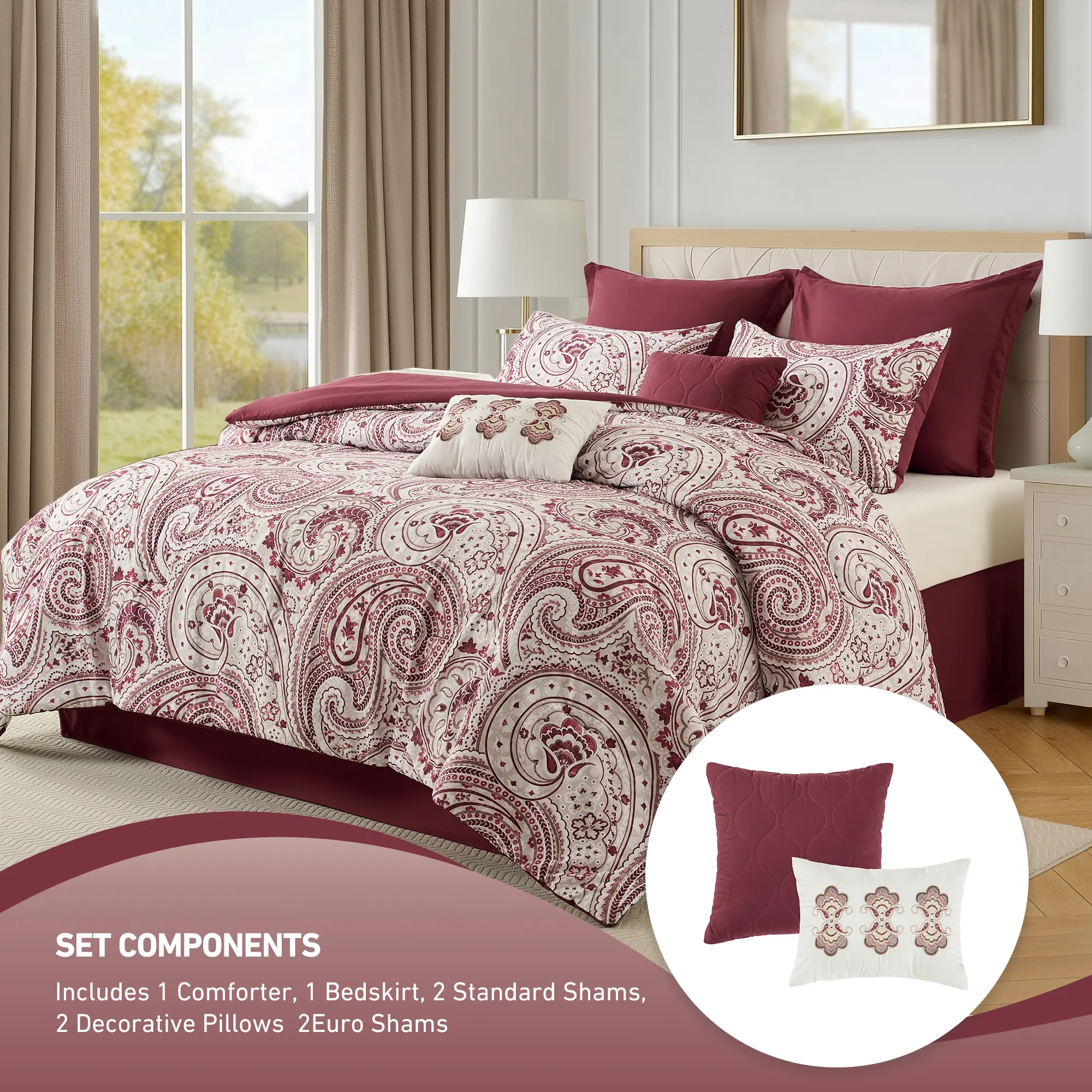 Queen 8-Piece Paisley Print Decorative Bedding Set - Hypoallergenic, Machine Washable Comforter Set for Home Bedroom Decor, Queen Comforter Set